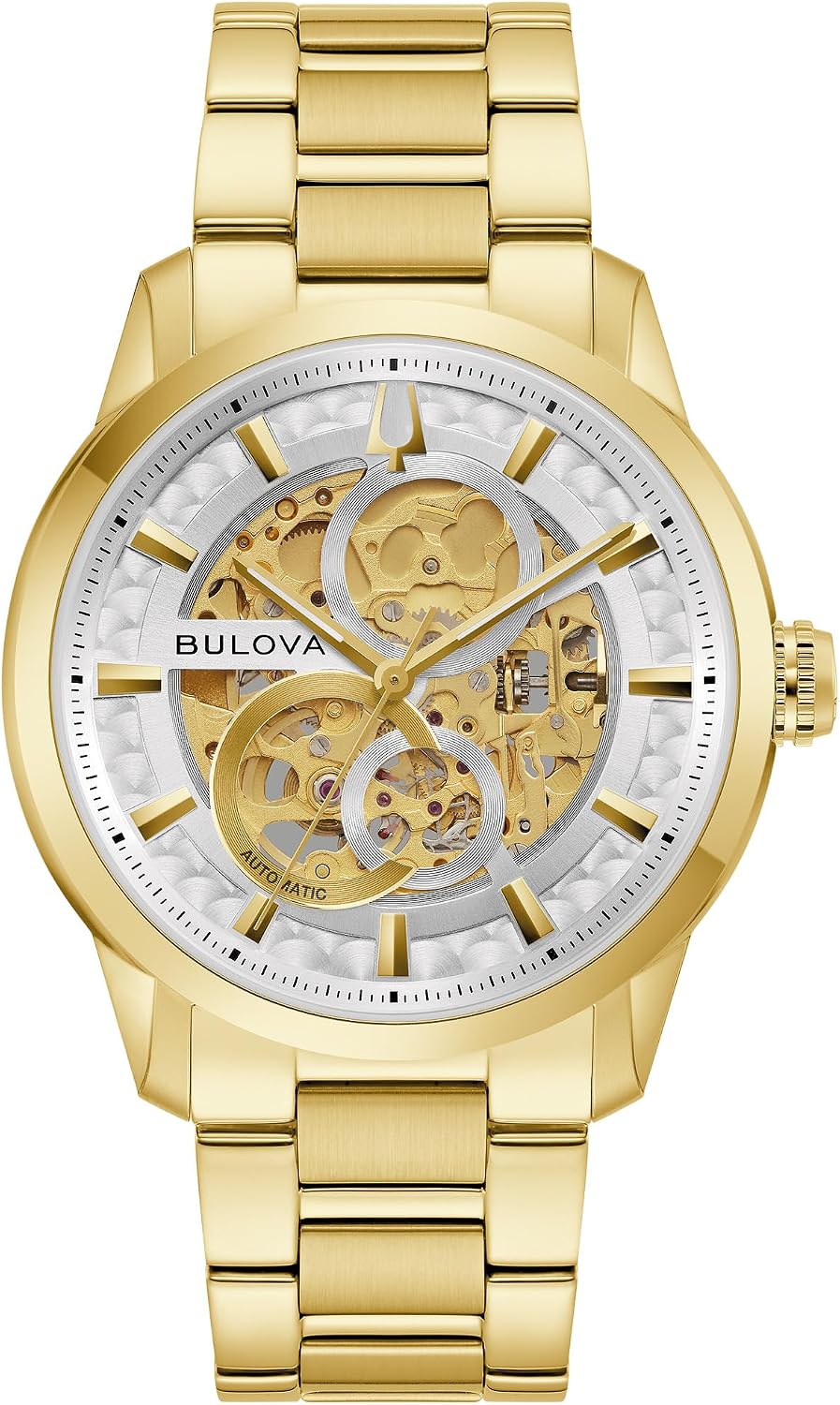 HOTBulova Men's Automatic Sutton Watch, Gold-Tone Stainless Steel Case & Silver-White Dial (Style: 97A201)