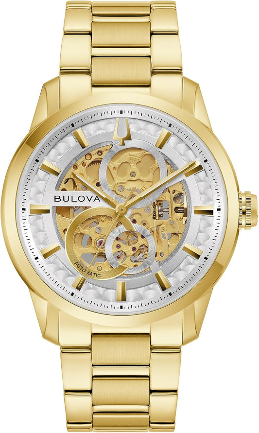 HOTBulova Men's Automatic Sutton Watch, Gold-Tone Stainless Steel Case & Silver-White Dial (Style: 97A201)