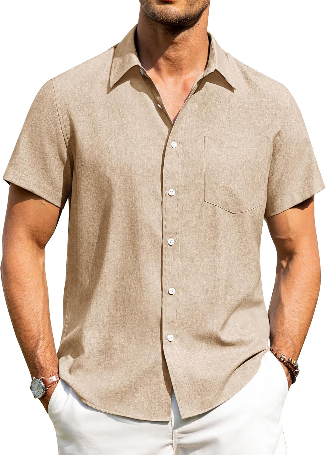 HOTAlimens & Gentle Mens Linen Shirts Short Sleeve Button Down Shirts Wrinkle Free Casual Vacation Beach Summer Tops