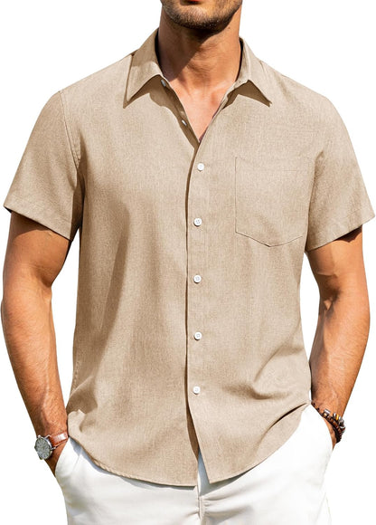 HOTAlimens & Gentle Mens Linen Shirts Short Sleeve Button Down Shirts Wrinkle Free Casual Vacation Beach Summer Tops
