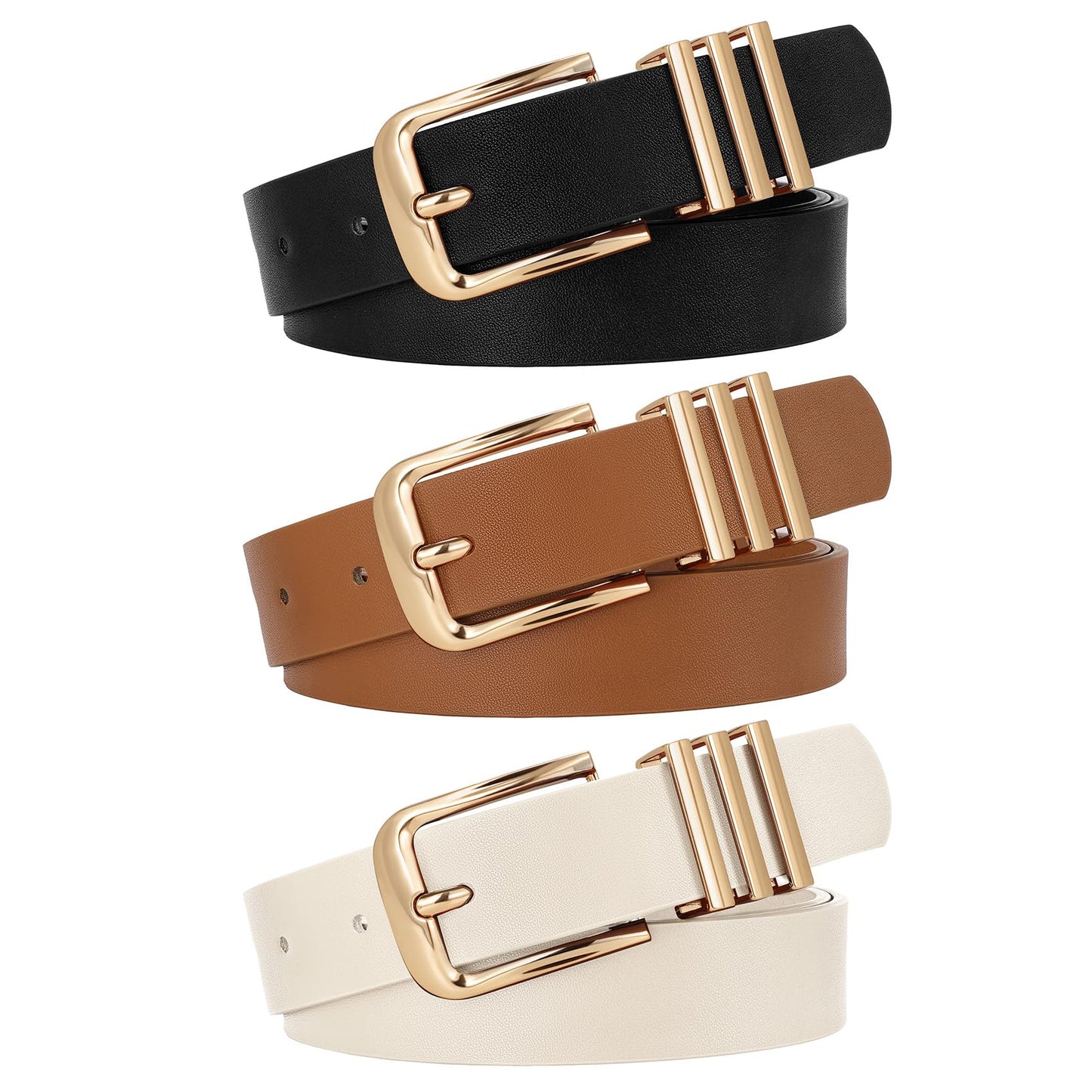 HOTWERFORU 3 PACK Women Belt Women Fashion Leather Belts for Jeans Pants Ladies Belts with Gold Buckle