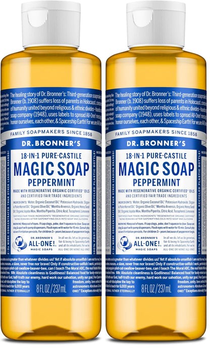 HOTDr. Bronner's Pure-Castile Magic Liquid Soap - Made with Regenerative Organic Certified Oils- 18-in-1 Uses for Face, Body, Hand, Hair, Laundry & More- Vegan, Non-GMO- Body Wash- Peppermint,32oz