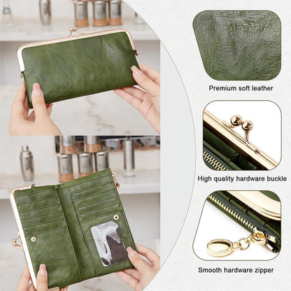 HOTVintage Wallets for Women Large Bifold Kiss Lock Wallet for Women Leather Zip Clutch Coin Purse