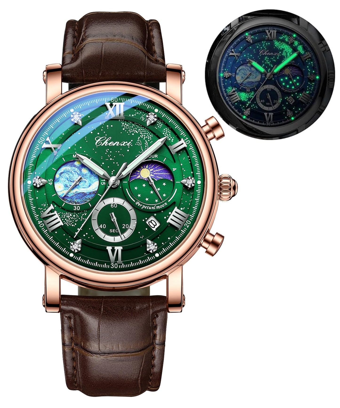 HOTFANMIS Men's Classic Watches Multifunctional Analog Watch Business Dress Waterproof Luminous Chronograph Starry Sky Moon Phase Leather Wristwatch