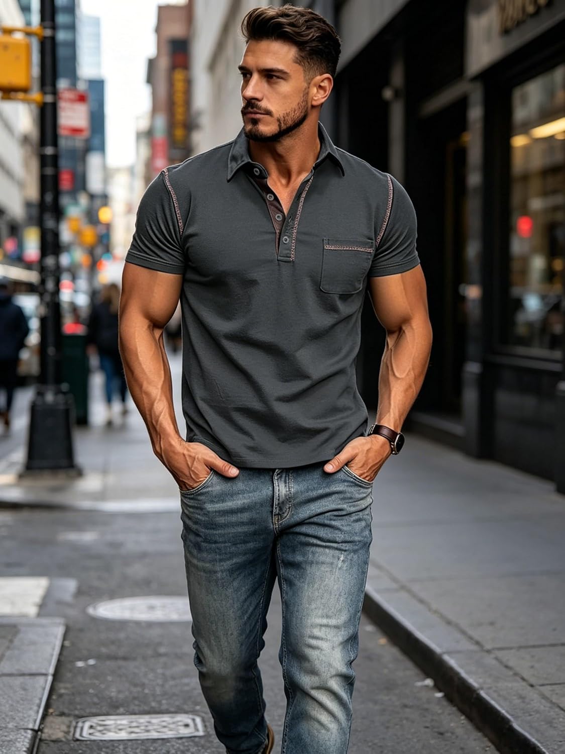 HOTMen's Fashion Polo Shirts Classic Short Sleeve Lightweight Button Cotton T-Shirt Casual Golf Tee Tops with Pocket