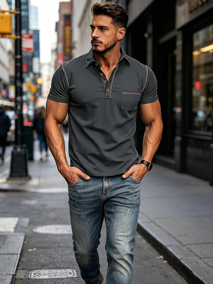 HOTMen's Fashion Polo Shirts Classic Short Sleeve Lightweight Button Cotton T-Shirt Casual Golf Tee Tops with Pocket