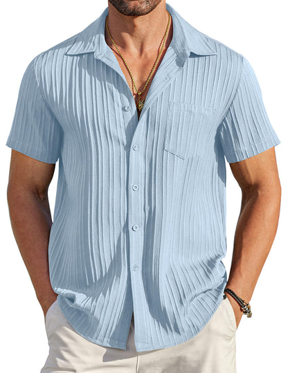 HOTCOOFANDY Men's Casual Button Down Shirts Short Sleeve Textured Summer Beach Shirt with Pocket