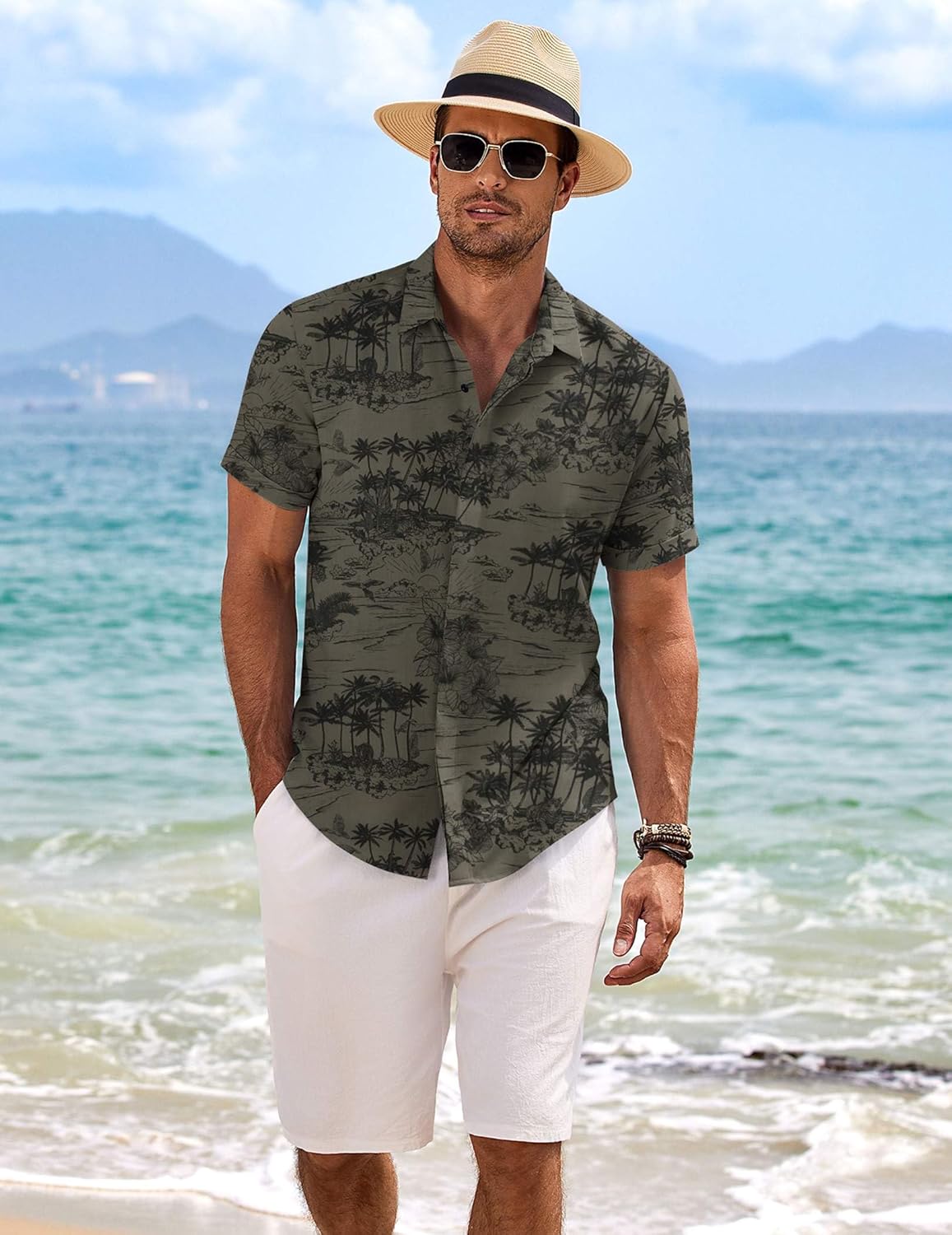 HOTCOOFANDY Men's Linen Shirts Short Sleeve Casual Shirts Button Down Shirt for Men Beach Summer Wedding Shirt
