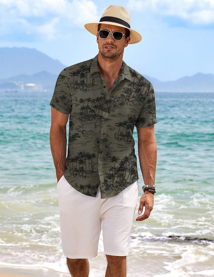 HOTCOOFANDY Men's Linen Shirts Short Sleeve Casual Shirts Button Down Shirt for Men Beach Summer Wedding Shirt
