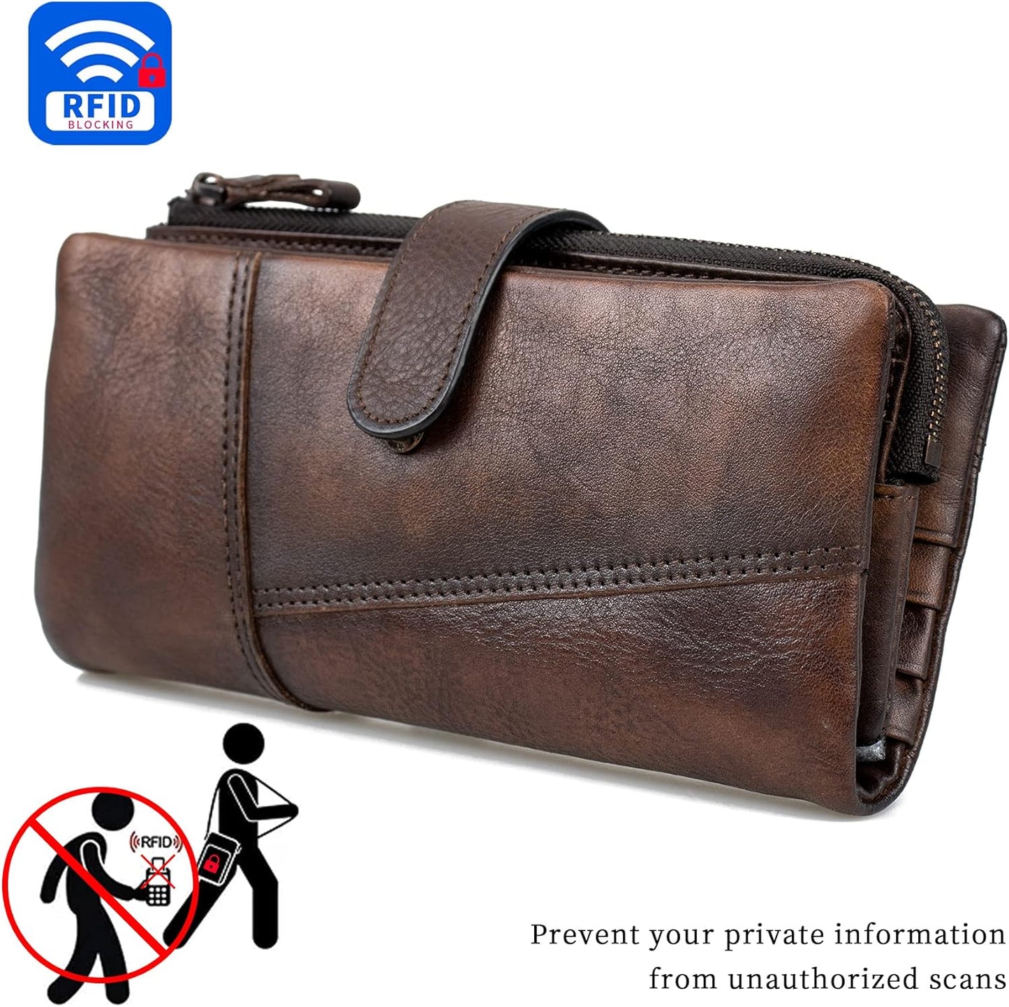 HOTWomen RFID Blocking Wallet Leather Vintage Large Capacity Credit Card Clutch Coffee
