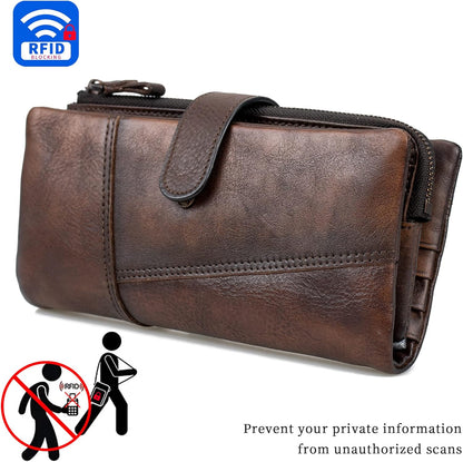 HOTWomen RFID Blocking Wallet Leather Vintage Large Capacity Credit Card Clutch Coffee