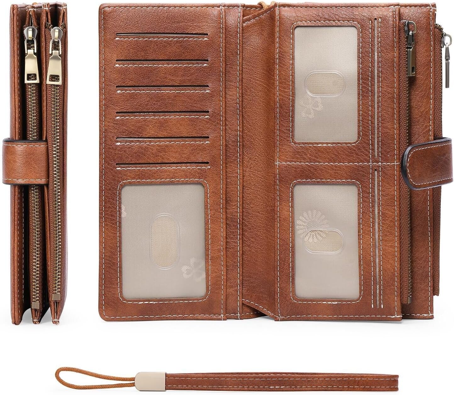 HOTGOIACII Large Wallet for Women Leather Wristlet Brown | RFID Blocking, Multi-card Slots, Detachable Wrist Strap, Trifold Clutch Purse