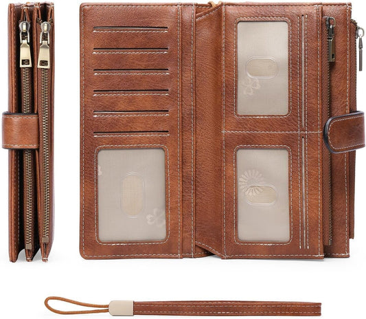 HOTGOIACII Large Wallet for Women Leather Wristlet Brown | RFID Blocking, Multi-card Slots, Detachable Wrist Strap, Trifold Clutch Purse