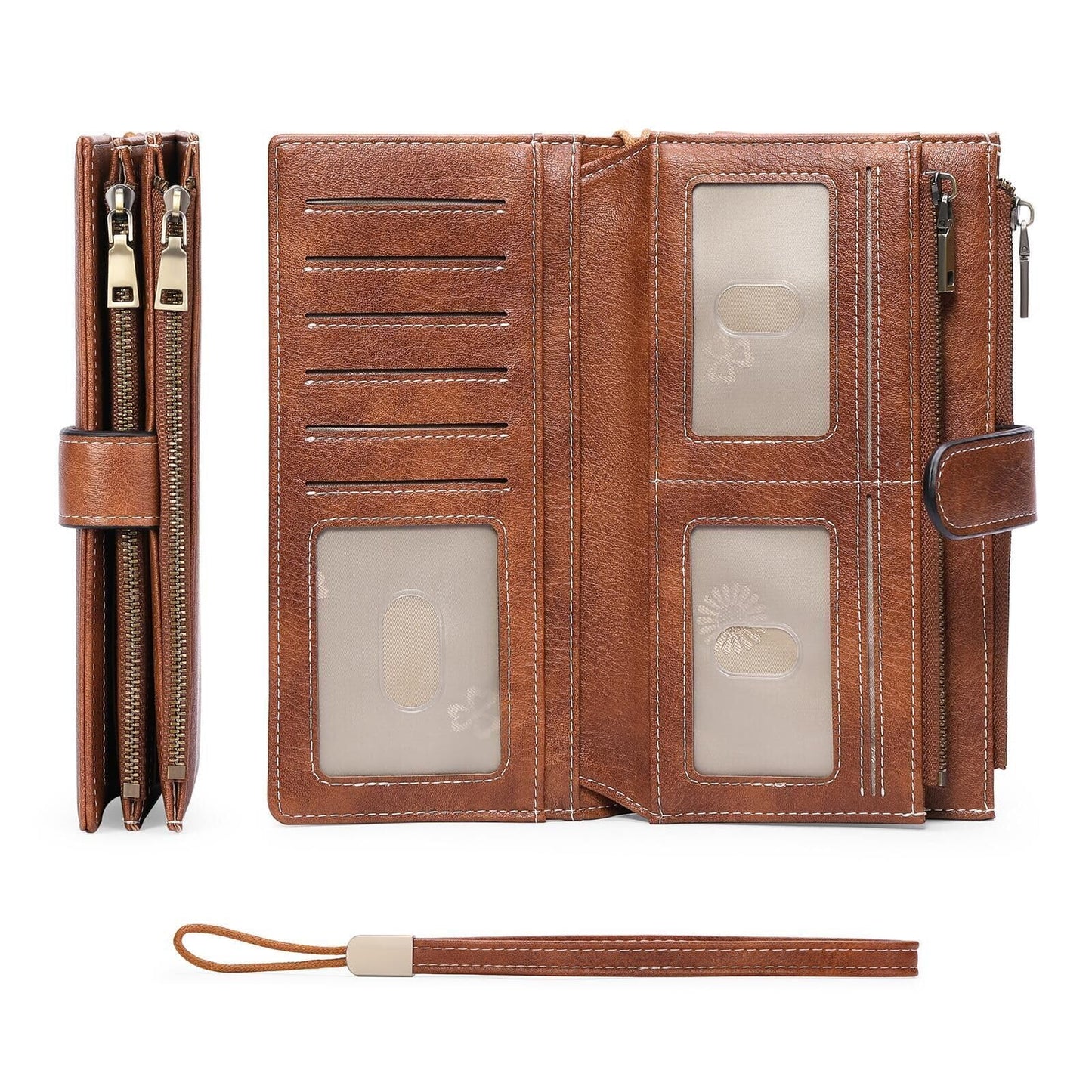 HOTGOIACII Large Wallet for Women Leather Wristlet Brown | RFID Blocking, Multi-card Slots, Detachable Wrist Strap, Trifold Clutch Purse