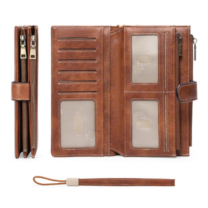 HOTGOIACII Large Wallet for Women Leather Wristlet Brown | RFID Blocking, Multi-card Slots, Detachable Wrist Strap, Trifold Clutch Purse