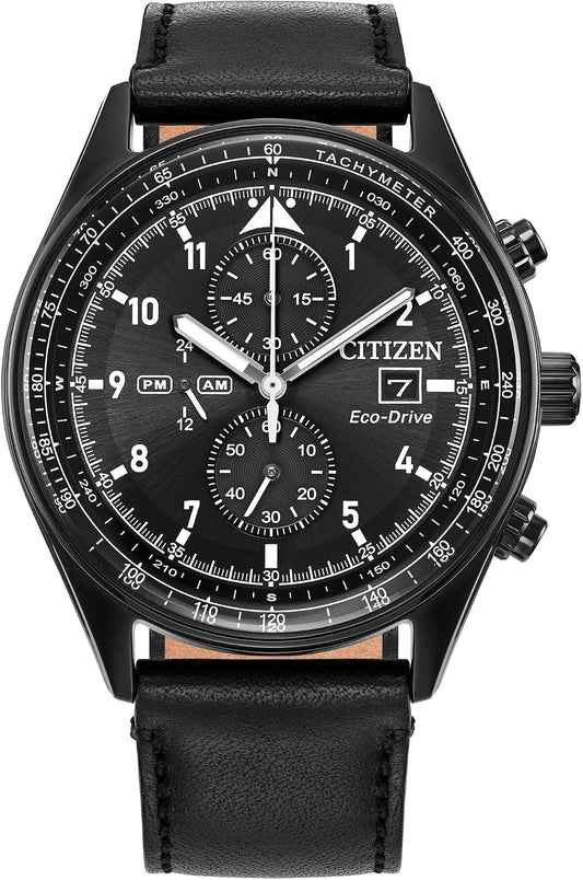 HOTCitizen Men's Eco-Drive Weekender Sport Casual, Black Stainless Steel Watch, Black Leather Strap, Chronograph (Model: CA0775-01E)