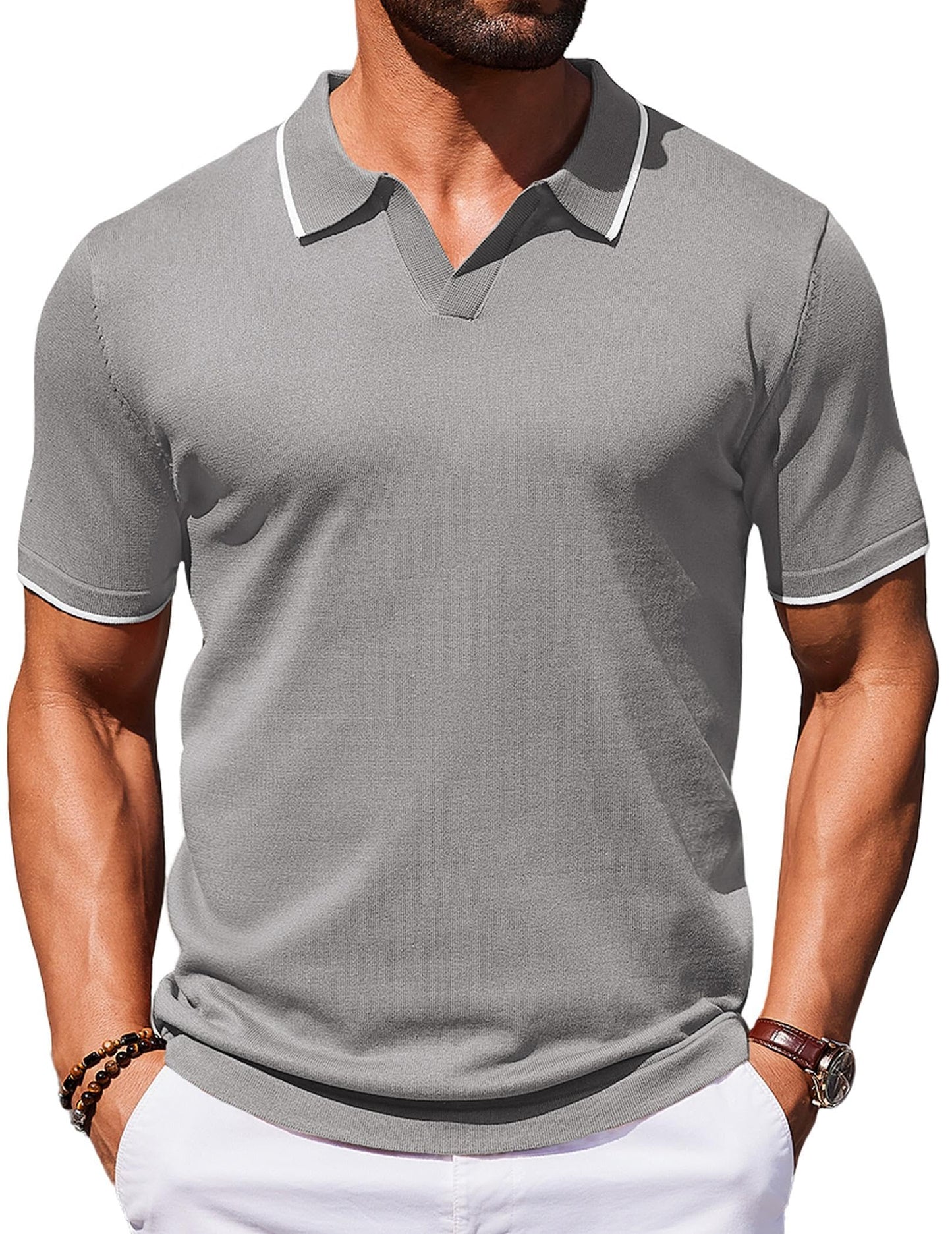 HOTCOOFANDY Mens Polo Shirts Short Sleeve Casual Knit Polo Shirt Vintage Golf T Shirts Old Money Tops