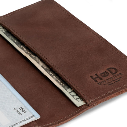 HOTHide & Drink, Checkbook Cover, Minimalist Organizer for Personal or Business Finances, Bill Holder, Full Grain Leather, Handmade, Bourbon Brown