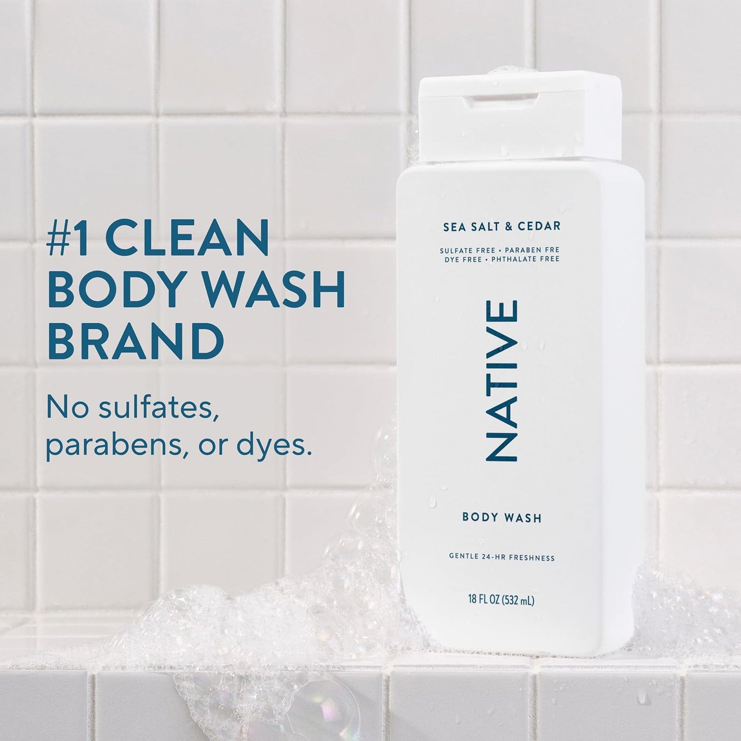 HOTNative Clean Body Wash, Gentle & pH-balanced for Sensitive Skin, 24-Hr Freshness for Men & Women, Vegan & Cruelty-Free, Free of Sulfates, Parabens & Phthalates, Sea Salt & Cedar, 18 fl oz