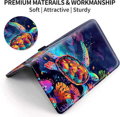 HOTLeather Checkbook Covers for Personal Checkbook Check book Holder Cover Wallets for Women Men,RFID-Blocking Slim Checkbook Cover for Duplicate Checks with Elastic Strap,Colorful Turtle