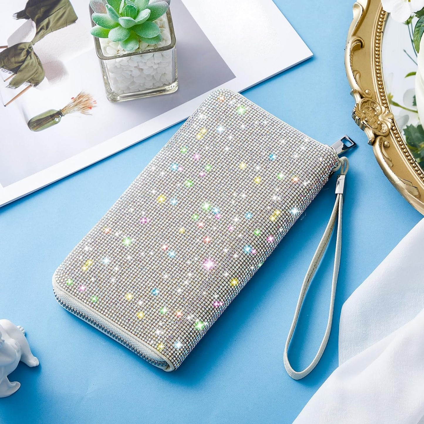 HOTMotiMind Silver Bling Gift Glitter Sparkly Wallet for Women Rhinestone/Pearl Wallet RFID Blocking Phone Purse Gifts for Mother's Day (Rhinestones)