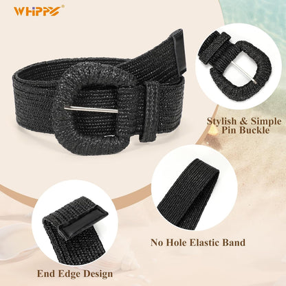 HOTWHIPPY 3 Packs Women Straw Woven Elastic Stretch Waist Belts Fashion Boho Braided Skinny Ladies Dress Belt