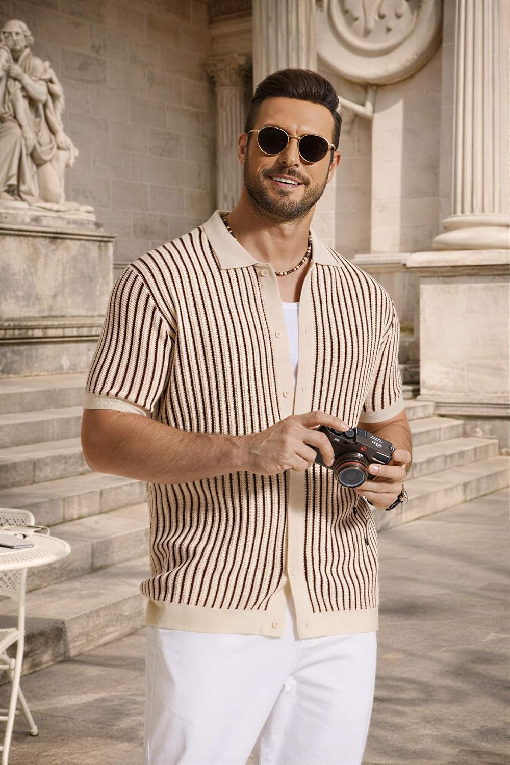 HOTCOOFANDY Mens Knit Button Down Shirts Short Sleeve Polo Shirt Vintage Striped Casual Shirts
