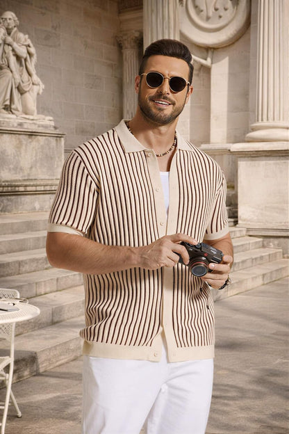 HOTCOOFANDY Mens Knit Button Down Shirts Short Sleeve Polo Shirt Vintage Striped Casual Shirts