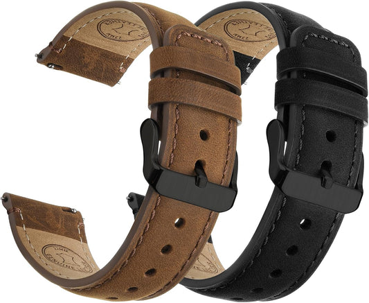 HOTFullmosa 20mm Quick Release Leather Watch Bands for Garmin Samsung Galaxy | 2 Pack Straps for Vivoactive 6/5, Venu Sq/Sq 2, Samsung Galaxy 7/6/5, Gear S2 Classic, Saddle Brown+Black/Black+Black