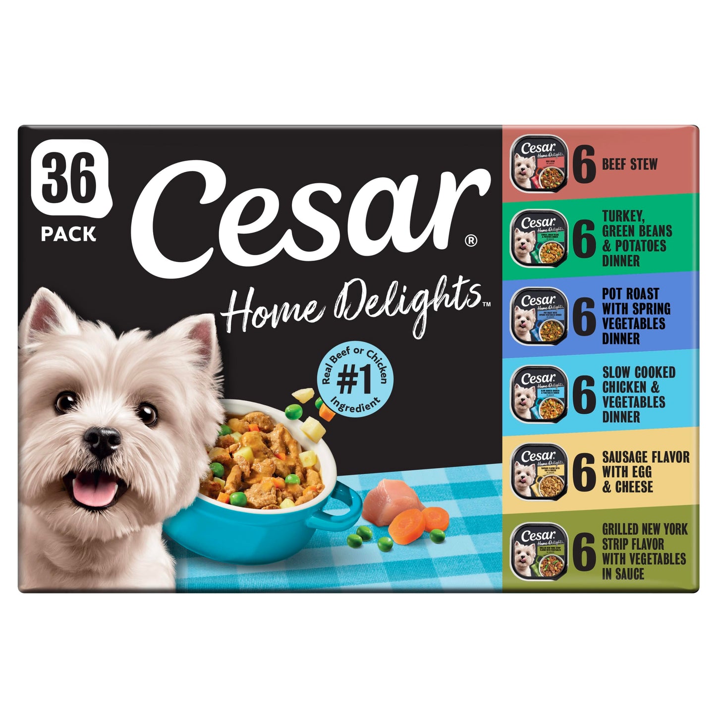 HOTCesar Home Delights Wet Dog Food, Dinner and Stew Variety, 3.5 oz, 24 Count | Real meat #1 ingredient, no fillers, no added sugar, no artificial flavors, complete & balanced, easy peel trays