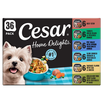 HOTCesar Home Delights Wet Dog Food, Dinner and Stew Variety, 3.5 oz, 24 Count | Real meat #1 ingredient, no fillers, no added sugar, no artificial flavors, complete & balanced, easy peel trays