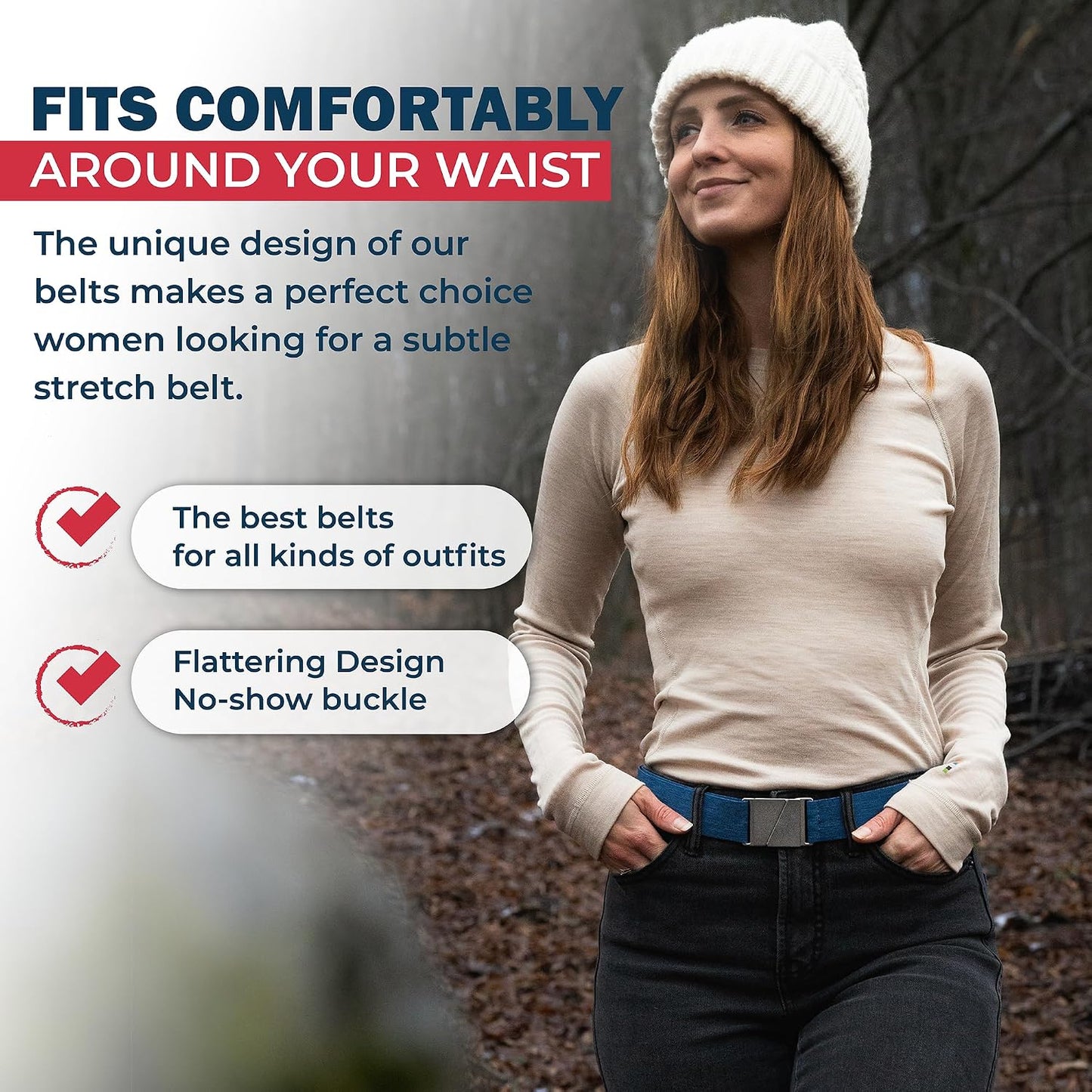HOTONE-BELT No Show Invisible Elastic Belts for Women & Men 1.30" inch adjustable Non Slip Zero Bulk. Designed in USA.