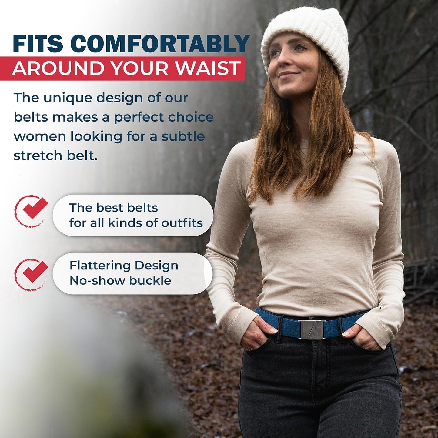 HOTONE-BELT No Show Invisible Elastic Belts for Women & Men 1.30" inch adjustable Non Slip Zero Bulk. Designed in USA.