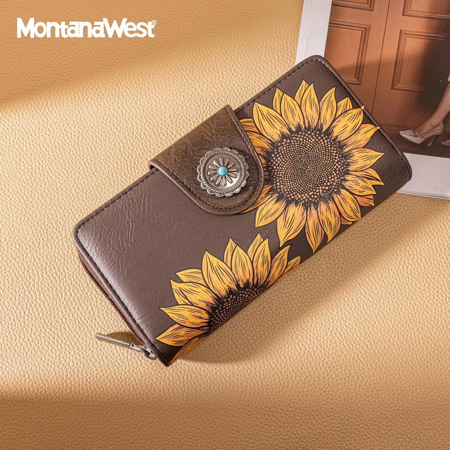 HOTMontana West Women's Wallets Western Sunflower Wallet Women Large Capacity Credit Card Wallet Ladies Female Bifold Clutch Wallets with ID Window and Coin Purse