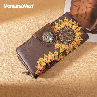 HOTMontana West Women's Wallets Western Sunflower Wallet Women Large Capacity Credit Card Wallet Ladies Female Bifold Clutch Wallets with ID Window and Coin Purse
