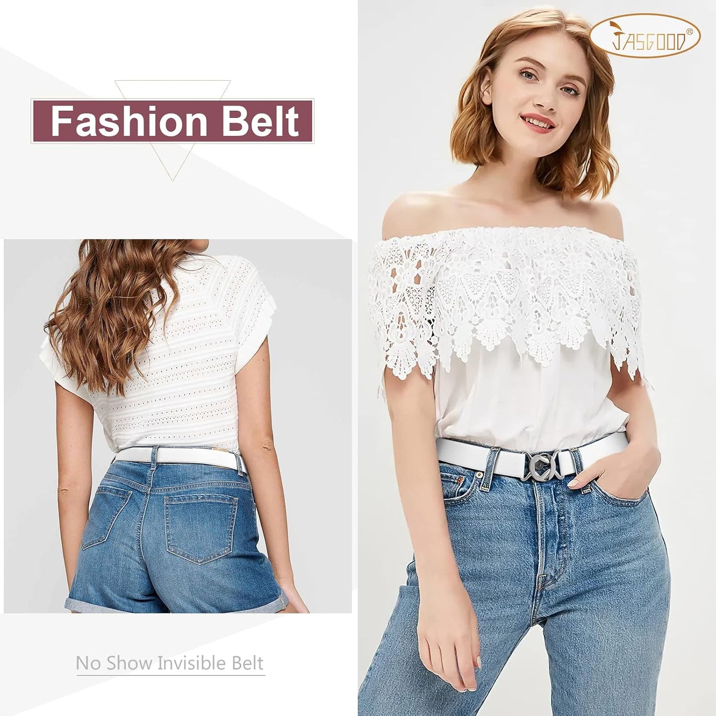 HOTJASGOOD Women No Show Stretch Belt 2 Pack Adjustable Elastic Web Belt with Flat Buckle for Jeans Pants Casual Belts