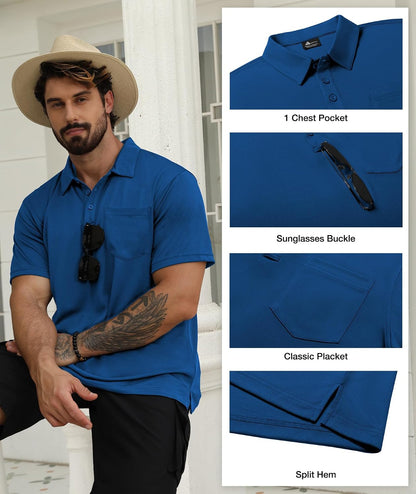 HOTSCODI 5 Pack Mens Pocket Polo Shirts Short Sleeve Multipack Golf Shirt for Men Moisture Wicking Casual Athletic Work T-Shirts