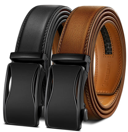 HOTKEMISANT Men's Ratchet Leather Belt 2Pack-Trimmable 1 3/8“-Gift Boxed | Smooth Sliding | Micro Adjustable Fit | Tailored Size | Holeless Understated Elegance