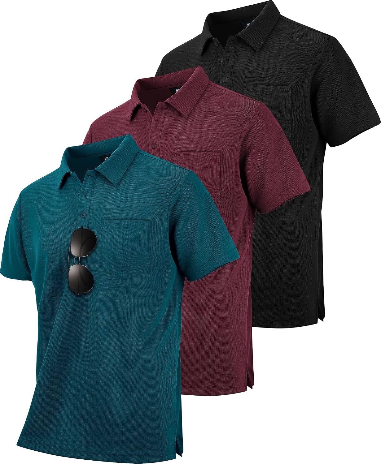 HOTZITY Men's 3 Pack Polo Shirts Short Sleeve with Pocket Moisture Wicking Casual Work Golf Lightweight Collared T-Shirts