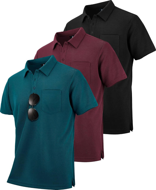 HOTZITY Men's 3 Pack Polo Shirts Short Sleeve with Pocket Moisture Wicking Casual Work Golf Lightweight Collared T-Shirts