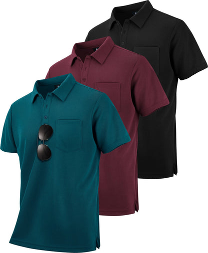 HOTZITY Men's 3 Pack Polo Shirts Short Sleeve with Pocket Moisture Wicking Casual Work Golf Lightweight Collared T-Shirts