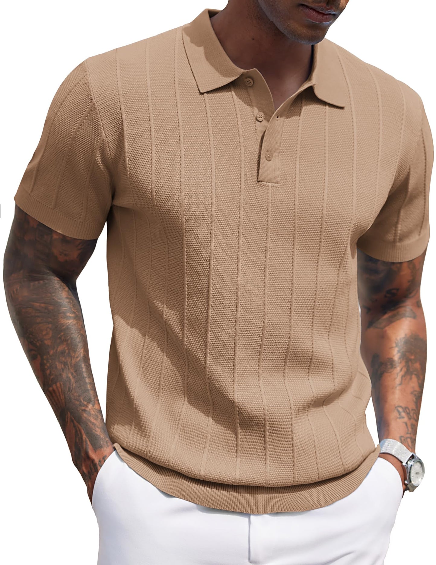 HOTCOOFANDY Mens Knit Polo Shirts Short Sleeve Ribbed Textured Polo Shirt Lightweight Casual Golf Shirts Collared T Shirt