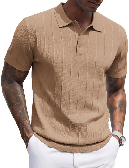 HOTCOOFANDY Mens Knit Polo Shirts Short Sleeve Ribbed Textured Polo Shirt Lightweight Casual Golf Shirts Collared T Shirt
