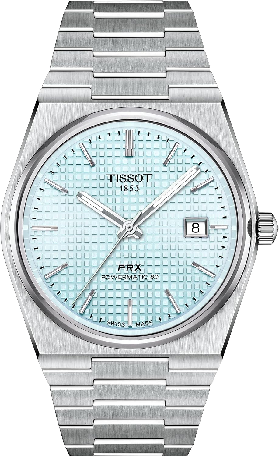 HOTTissot PRX Powermatic 80 316L Stainless Steel case, Swiss Automatic Watch for Men & Women, Ice Blue Dial, Stainless Steel, (T1374071135100)