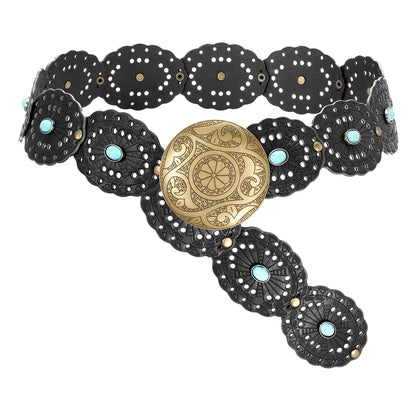 HOTSUOSDEY Wide Western Disc Belt with Turquoise Women Cowgirl Cowboy Boho Country Leather Belts for Jeans Dress, Width 2.36"