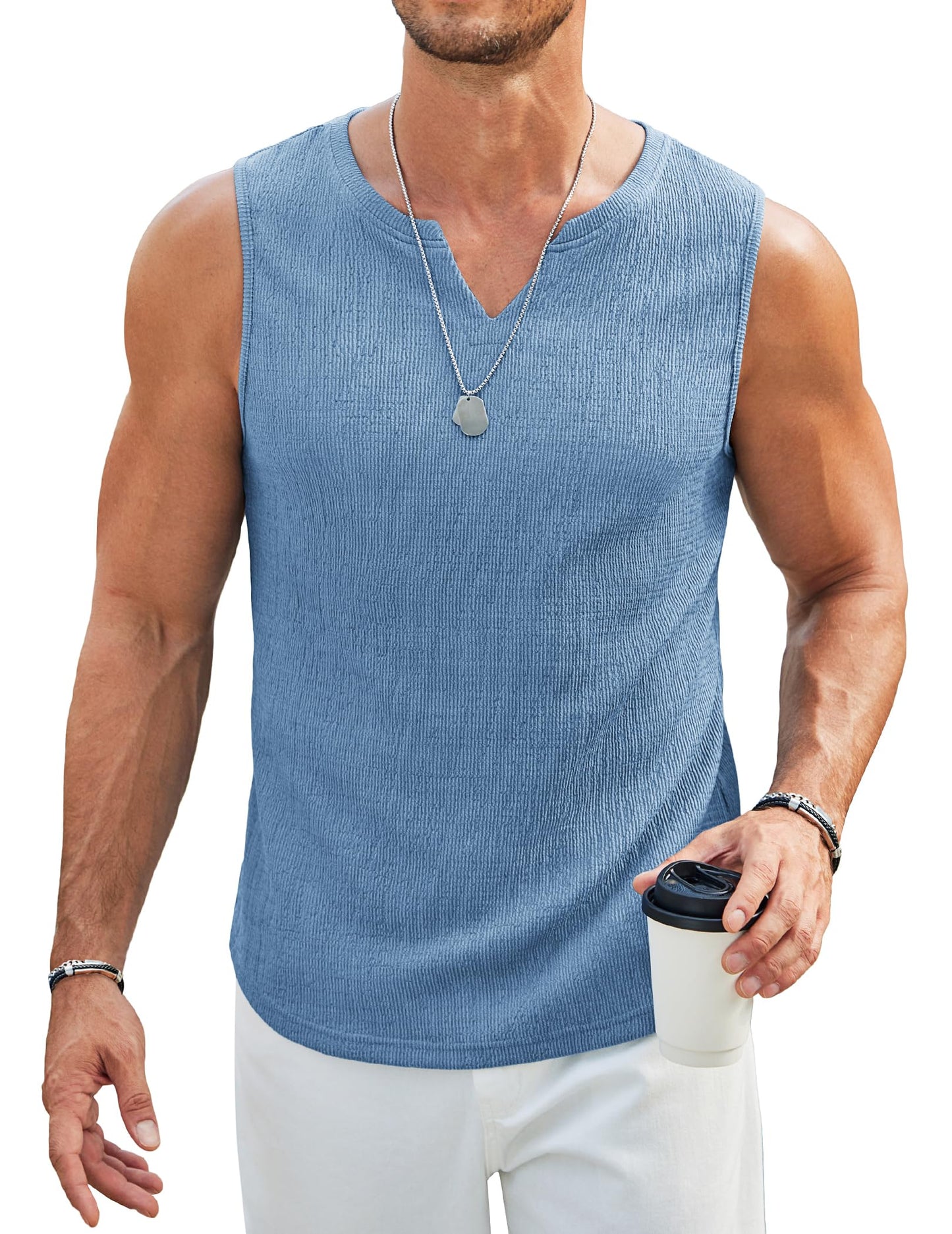 HOTCOOFANDY Men's Casual Tank Tops Knit V Neck Sleeveless T Shirts 2 Pack Summer Beach Lightweight Muscle Tee