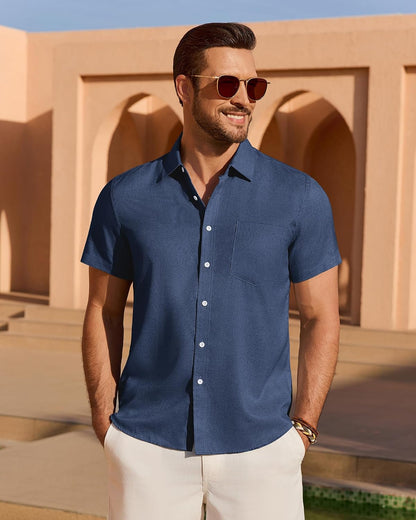 HOTMens Linen Shirt Short Sleeve Wrinkle Free Casual Untucked Button Down Shirts Beach Breathable Tops Summer