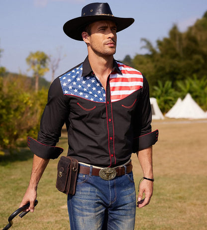 HOTCOOFANDY Men's American Flag Button Down Shirts Western Cowboy Shirt Slim Fit Patriotic Long Sleeve Shirt