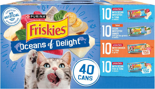 HOTPurina Friskies Wet Cat Food Variety Pack, Oceans of Delight Flaked and Prime Filets - (Pack of 40) 5.5 oz. Cans