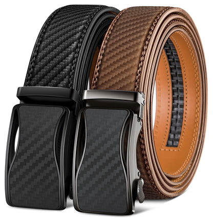 HOTKEMISANT Men's Ratchet Leather Belt 2Pack-Trimmable 1 3/8“-Gift Boxed | Smooth Sliding | Micro Adjustable Fit | Tailored Size | Holeless Understated Elegance